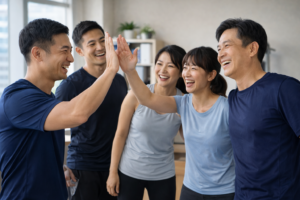 オフィスで自体重トレーニング後に爽快な表情でハイタッチをする社員グループ