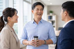 アジア人経営者が社員と爽やかに会話するオフィス風景|運動習慣と組織の雰囲気