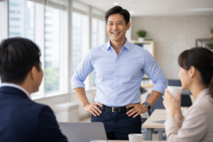 明るいオフィスで笑顔を見せる健康的な経営者と、和やかに会話する社員たちの様子