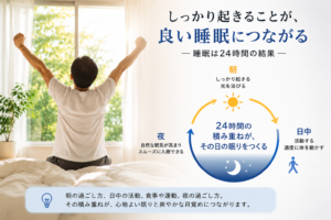 朝にしっかり起きて光を浴びることが、その日の良質な睡眠につながる流れを示したイメージ図。睡眠は24時間の生活習慣の積み重ねによってつくられる。