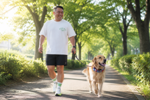 朝の木漏れ日の遊歩道をゴールデンレトリバーと散歩する男性