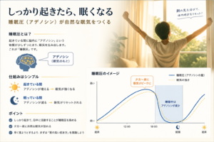 起床後から睡眠圧（アデノシン）が徐々に高まり、夜に自然な眠気が訪れる仕組みを解説したイラスト。