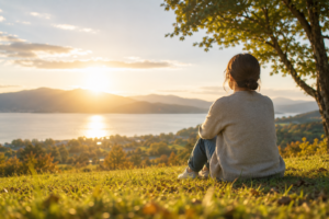 湖を望む丘の上で夕日を眺めながら静かに過ごす人物