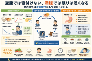 昼食後の眠気から夜の睡眠までの流れを図解。血糖値の変動、食後の眠気、夜間覚醒、夕食のタイミングと量、睡眠の質との関係をわかりやすくまとめたインフォグラフィック。