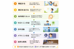 朝の行動が体内時計をリセットし、夜の自然な眠気へとつながる7つのステップを示したフローチャート