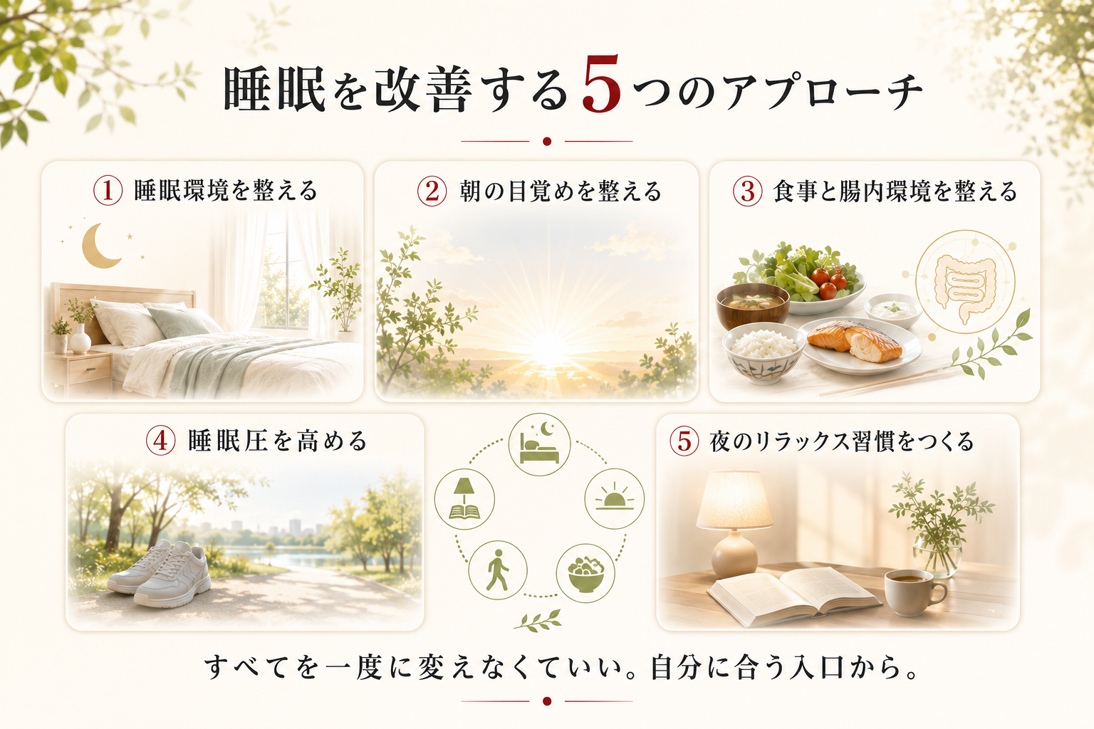 睡眠環境、朝の目覚め、食事と腸内環境、睡眠圧、夜のリラックス習慣という、睡眠改善の5つのアプローチを示した図