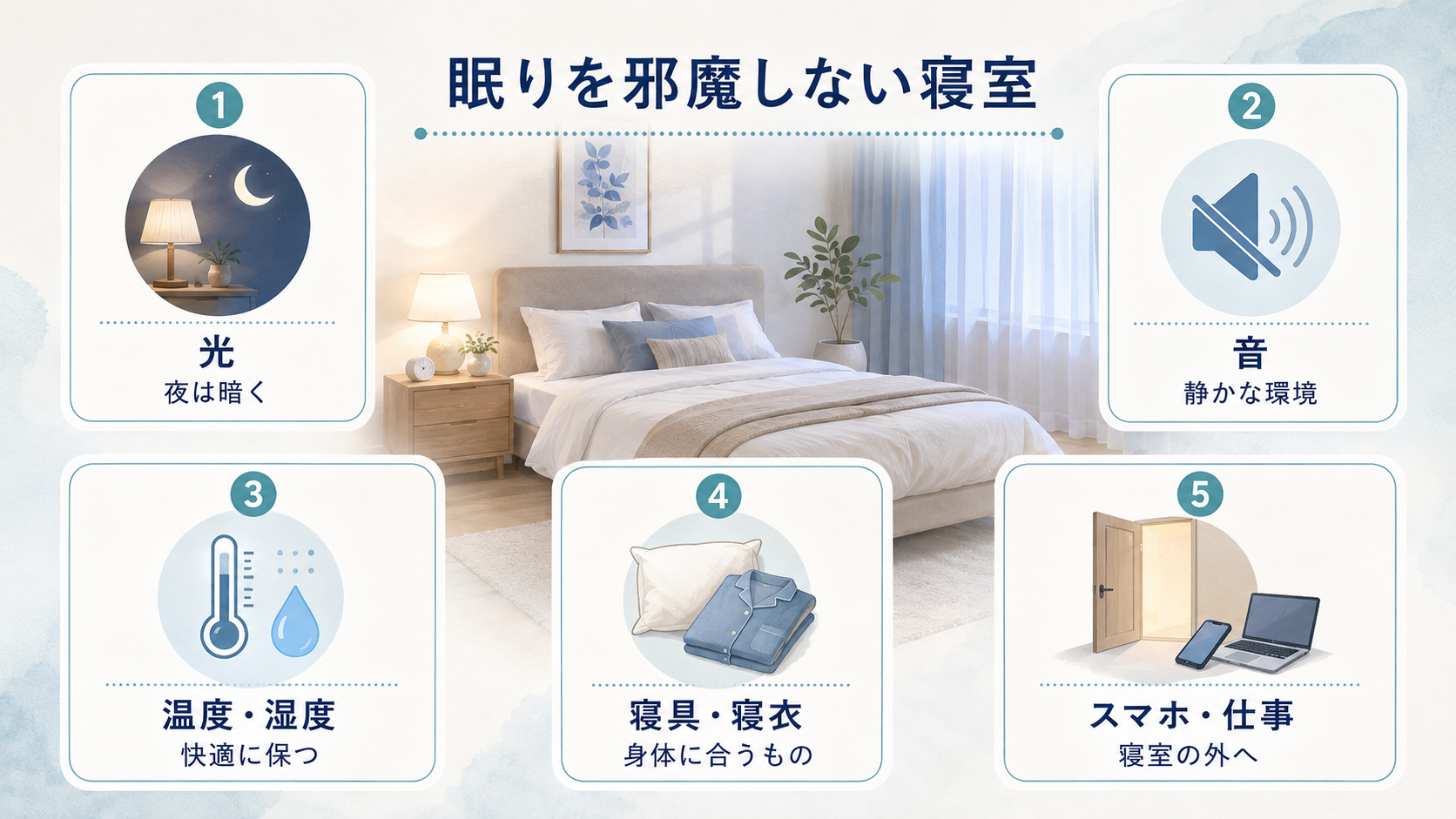 寝室を中心に、光、音、温度・湿度、寝具・寝衣、スマートフォン・仕事という睡眠環境の5つのチェックポイントを示した図