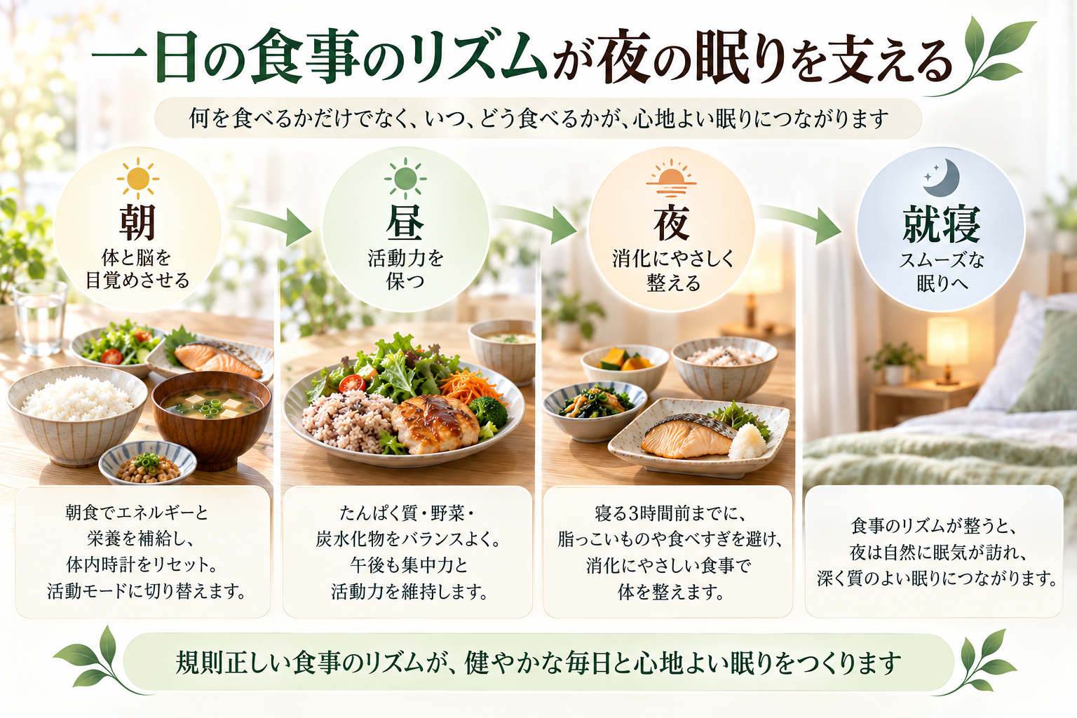 朝食で身体を目覚めさせ、日中の活動、就寝前の消化に配慮した夕食を経て、自然な眠りへつなげる一日の食事リズムを示した図