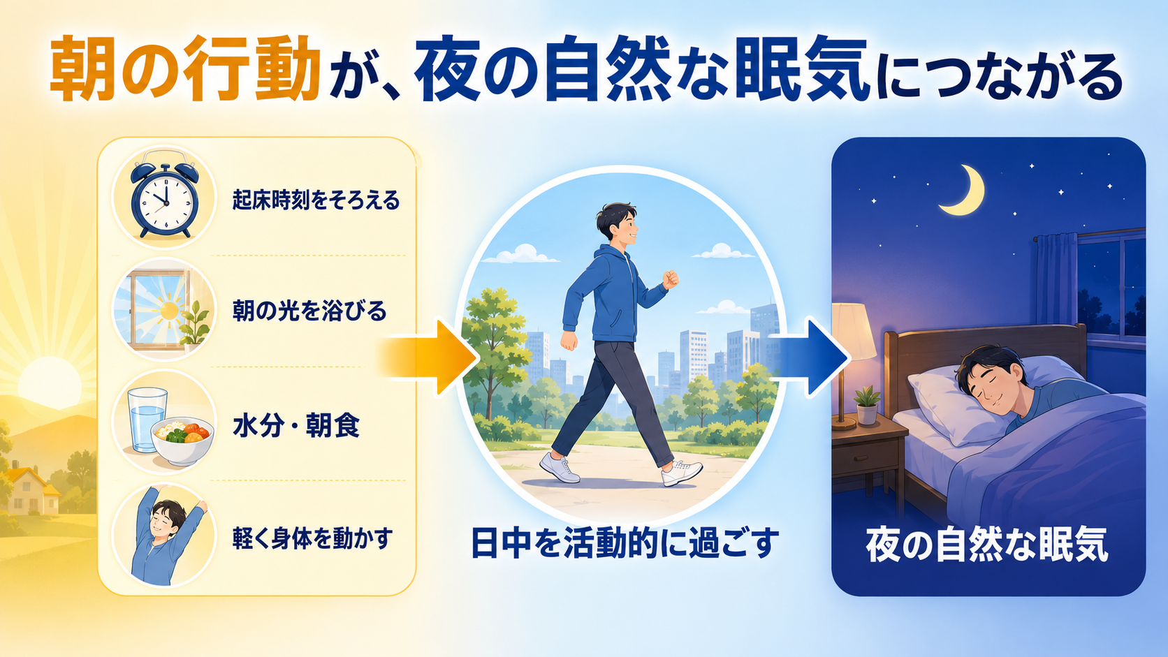 起床時刻、朝の光、水分・朝食、軽い身体活動が、日中の活動を経て夜の自然な眠気につながる流れを示した図